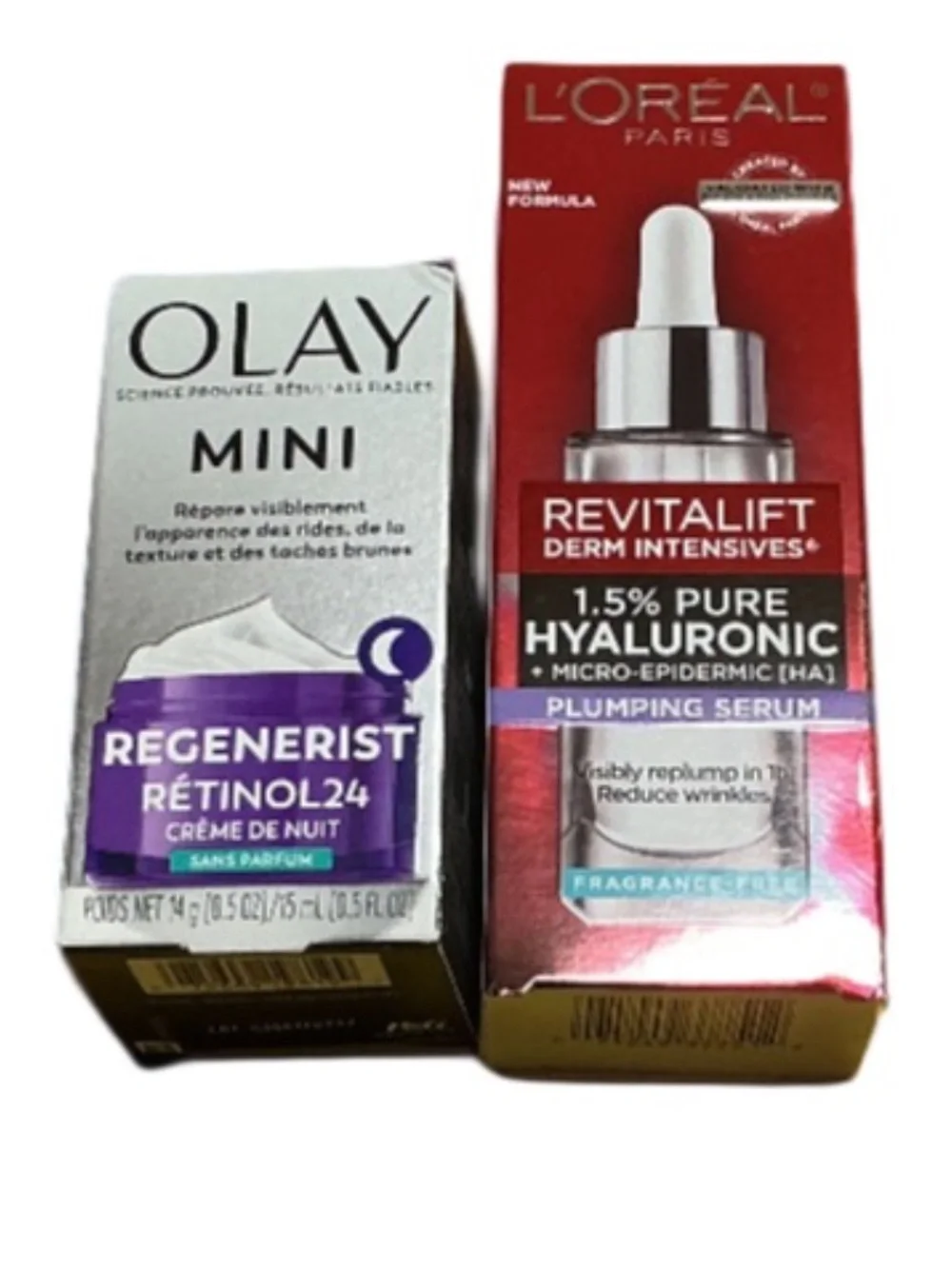 L'Oreal Revitalift Hyaluronic Plumping Serum, Olay Regenerist Retinol24 NIght